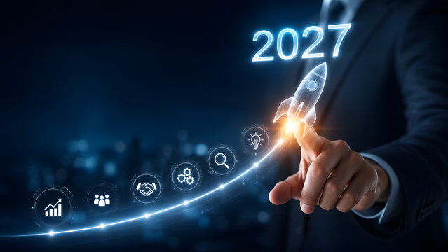 hand pushing a button on a touch screen interface presenting growth