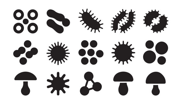 Collection of microbial cell structures fungi and organic shapes for microbiology and biological research design.
