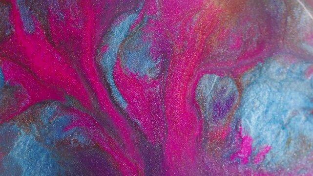 Paint wave. Splatter texture. Defocused purple blue pink colorful glitter cube geometric sparkling liquid floating on abstract art background.