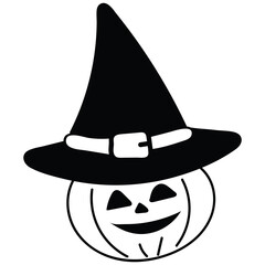 spooky jack o lantern with witch hat black and white cartoon icon sticker design