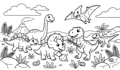 Happy Cartoon Dinosaurs Playing Together – Cute Black and White Coloring Page © MSTSINTIHA