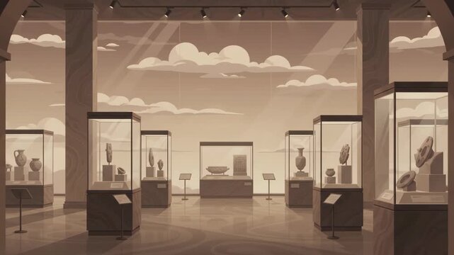Ancient artifacts displayed in a museum gallery with glass cases and skylights, sepia tone.
