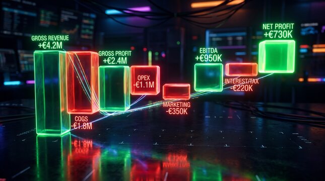 Financial Data Analysis Infographic displaying profit and revenue metrics glowing on a digital interface in a futuristic dark office setting