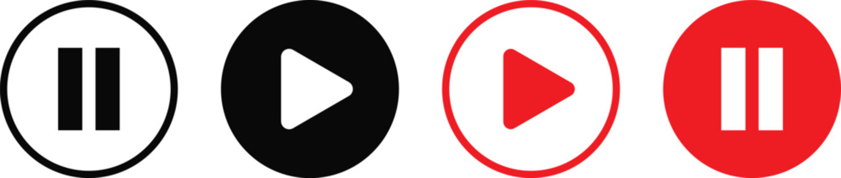 Set of play and pause media control buttons icons in black and red colors