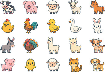 Naklejka premium Farm Animals Sticker Bundle - Cute Cow Pig Sheep Chicken and Barnyard Vector Set