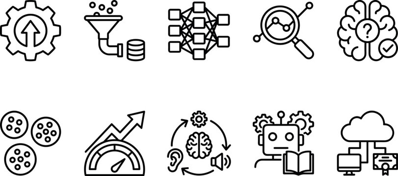 Artificial intelligence and machine learning vector linear icon set with neural network prediction engine data training models optimization algorithm learning pipelines