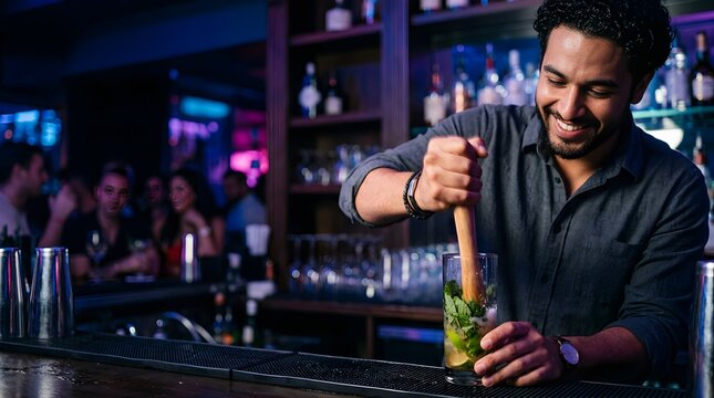 Smiling male bartender muddling fresh mint for a mojito cocktail at bar