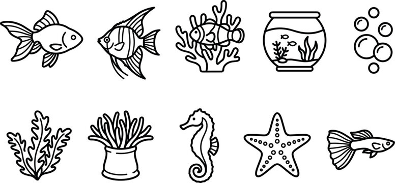 Aquarium fish vector icon set with line art elements of goldfish angelfish clownfish bowl bubbles seaweed coral seahorse starfish guppy branding