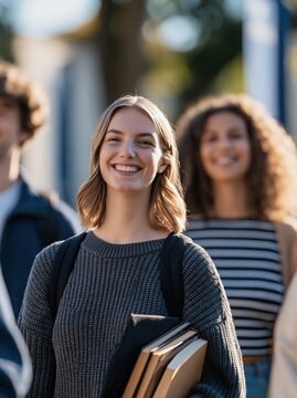 Happy young woman with books and backpack walking with friends on college campus during sunny day