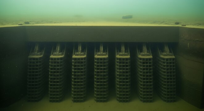 Submerged Water Intake Structure with Multiple Vertical Grates Underwater