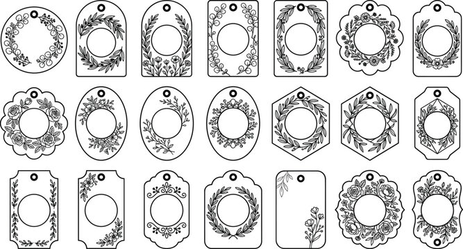 Elegant floral wreath gift tags bundle featuring minimalist botanical borders round monogram frames and line art leaf vectors