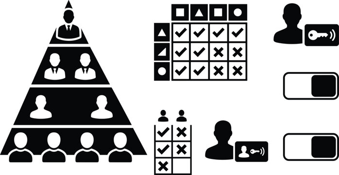 Corporate management hierarchy and user access control permission vector icons set featuring corporate organizational pyramid chart, privileges grid table, and profile switch toggles.