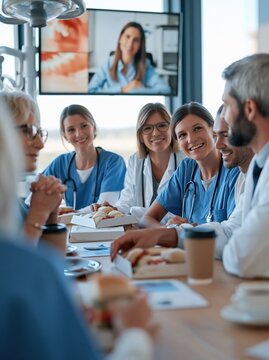 Diverse medical team in a meeting, smiling and collaborating during a break, with video conference on screen