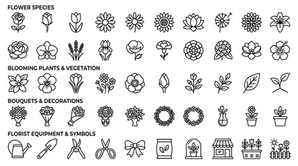Modern Botanical Flower Linear Icon Collection with Rose, Tulip, Daisy, Sunflower, Lotus, Lily, Wildflowers, Bouquets, and Florist Tools © Liton