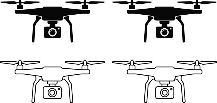 Black and white quadcopter drone with camera vector icon set