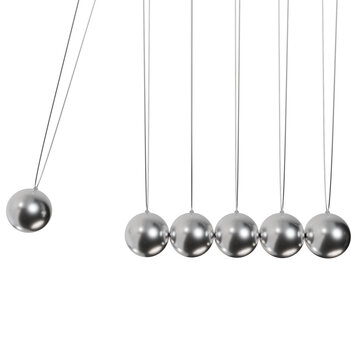3d render A classic Newton cradle with a swinging metallic sphere demonstrating physics, momentum, and kinetic concepts. Ideal for corporate business presentations, educational science materials