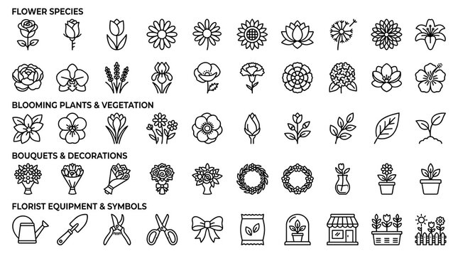 Modern Botanical Flower Linear Icon Collection with Rose, Tulip, Daisy, Sunflower, Lotus, Lily, Wildflowers, Bouquets, and Florist Tools