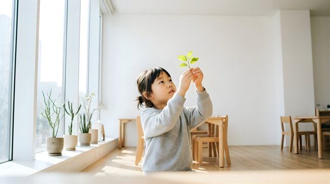 Young Asian girl holding a small green plant in a bright modern room
