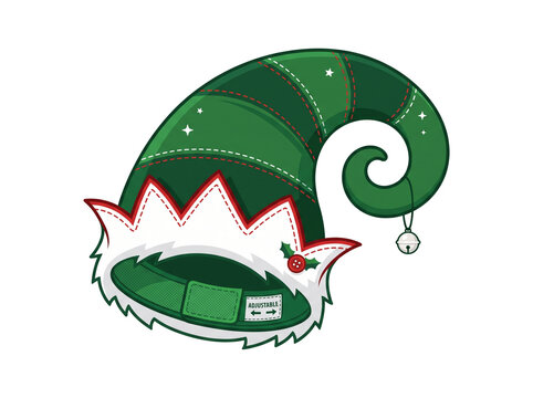 features a green and white cartoon Christmas elf hat with a curled tip and a hanging jingle bell. transparent background cutout
