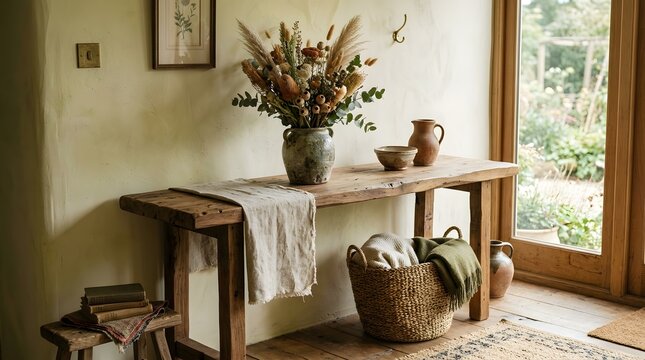 Cozy rustic hallway interior with wooden console table and dried flower vase