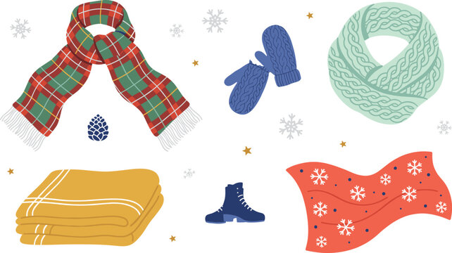 Cozy Winter Apparel and Accessory Vector Element Set with Plaid Scarf Mittens Knitted Snood Blanket and Snowflakes for Seasonal Holiday Designs