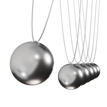 3d render A classic Newton cradle with a swinging metallic sphere demonstrating physics, momentum, and kinetic concepts. Ideal for corporate business presentations, educational science materials