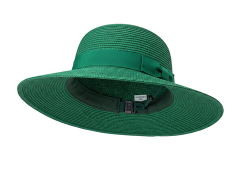 the Morgan & Taylor Macy Boater hat in emerald green, styled with a matching grosgrain ribbon trim and flat bow transparent background cutout