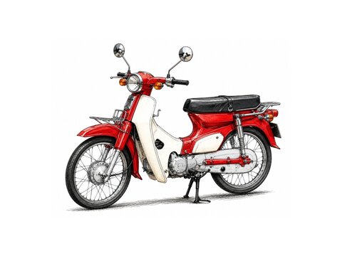 Vintage Red Honda Cub C70 Motorcycle Illustration Isolated on White Background 
