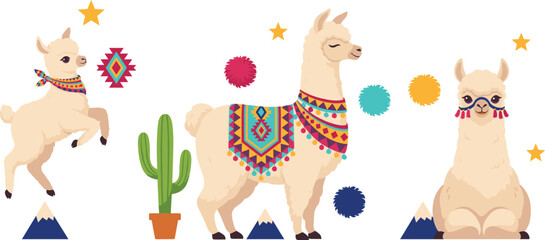 Naklejka premium Cute Alpaca and Llama Vector Character Set with Traditional Peruvian Blankets Cactus Mountains and Pom Poms for Nursery Decor Cards and Invitations