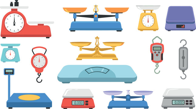 Vintage and modern weighing scales vector icon set featuring kitchen scales balance beams digital platforms and luggage spring scales