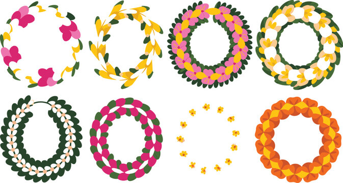 Hawaiian Lei Flower Garland Icon Set with Colorful Floral Wreaths, Tropical Foliage, Plumeria Blossoms, and Traditional Polynesian Decorative Vectors for Festivals