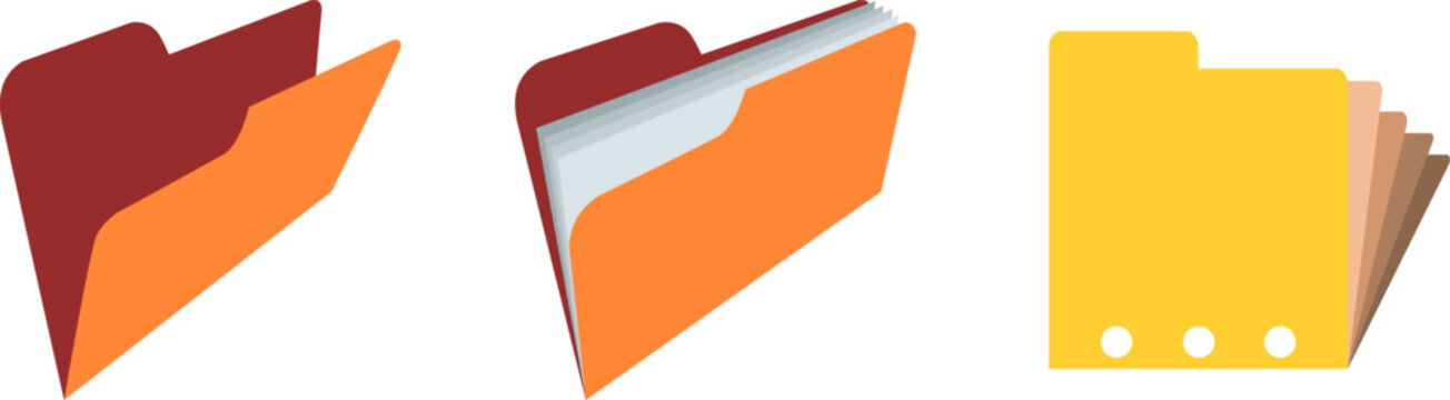 Colorful folder icon set with open and closed document folders for office organization, file storage and digital archive concepts. Isolated flat directory symbols for business and productivity.