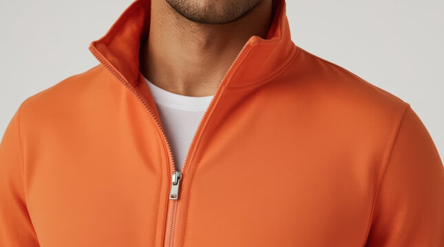 Medium close up fit man wearing orange zip up sports jacket