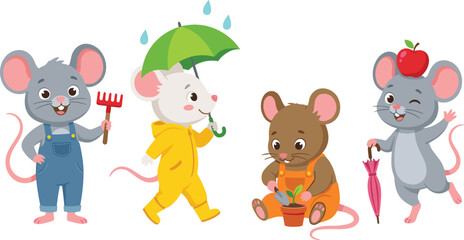 Fototapeta premium Cute Cartoon Mouse Vector Character Set with Playful Mice Gardening Planting and Walking in Rain with Umbrella for Kids Book Illustrations