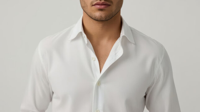Man in white shirt showing upper torso with neutral expression and clean studio styling