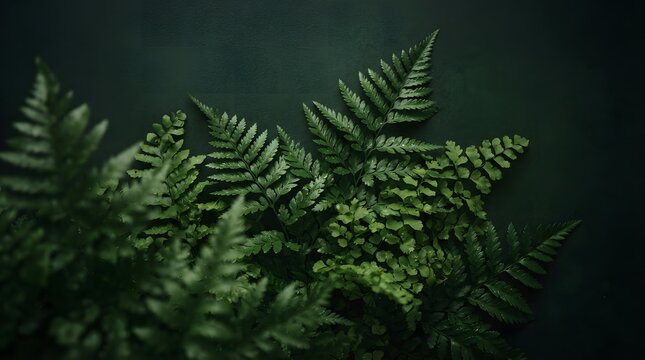 Arrangement of various green fern fronds on a dark moody background