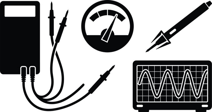 Electronic testing equipment and measurement icon set featuring digital multimeter probes analog dial gauge test pen indicator and oscilloscope screen wave silhouette vectors,