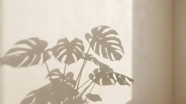 Minimalist aesthetic shadow of a monstera deliciosa plant leaf on a beige wall