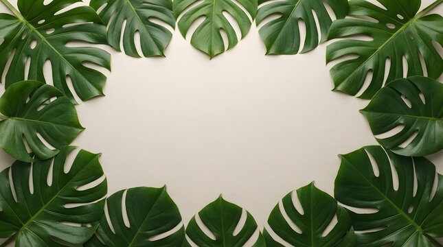 Monstera leaves arranged in a rectangular frame on a white background