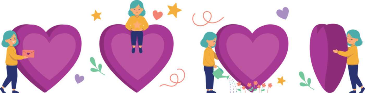 Cute Girl and Purple Heart Vector Set with Female Character Sitting Watering Flowers and Holding Letter for Mental Health Concepts