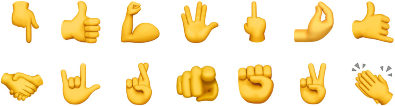 Yellow hand gesture emoji set with thumbs up, handshake, peace, rock, fist, pointing, pinched fingers and wave. Isolated icons for messaging and social media. Expressive digital symbols.