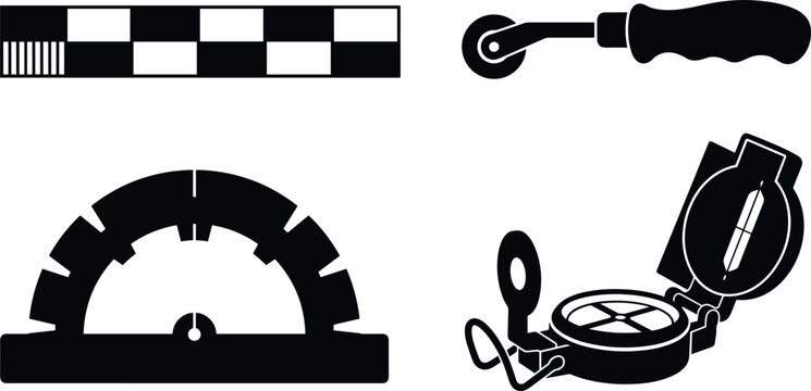 Geology and archaeology fieldwork measurement vector tools set with scale bar ruler, tracing wheel, geologic protractor clinometer, and pocket transit compass.