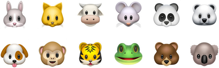 Naklejka premium Cute animal face emoji icon set with monkey, fox, cow, koala, panda, tiger, frog, and bear. Colorful flat cartoon clipart collection for kids. Perfect for stickers, prints, and children's designs.