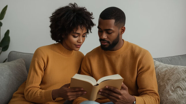 Black couple reading book together on comfortable sofa with warm expressions