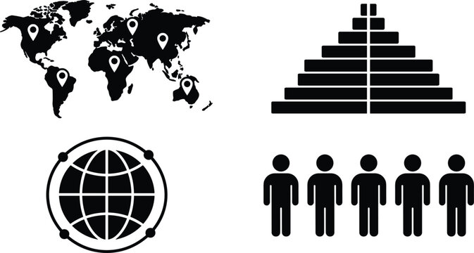 Global demographics and population statistics vector icon set featuring world map with pins segmented pyramid chart earth globe network and human group row