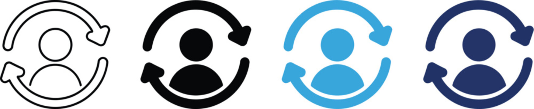Replace sign with person exchange and switch icon featuring reciprocal arrows between two people, modern flat design symbol representing information exchange, communication, collaboration, user