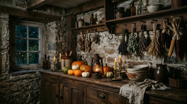Rustic Medieval Kitchen with Pumpkins and Dried Herbs in Stone House