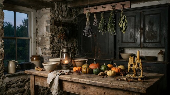 Cozy autumn harvest table in a rustic stone cottage kitchen, adorned with seasonal gourds and warm candlelight