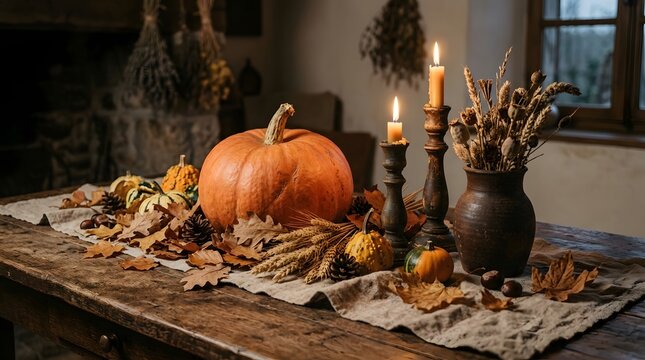 Rustic Autumn Thanksgiving Table Setting with Pumpkins and Lit Candles