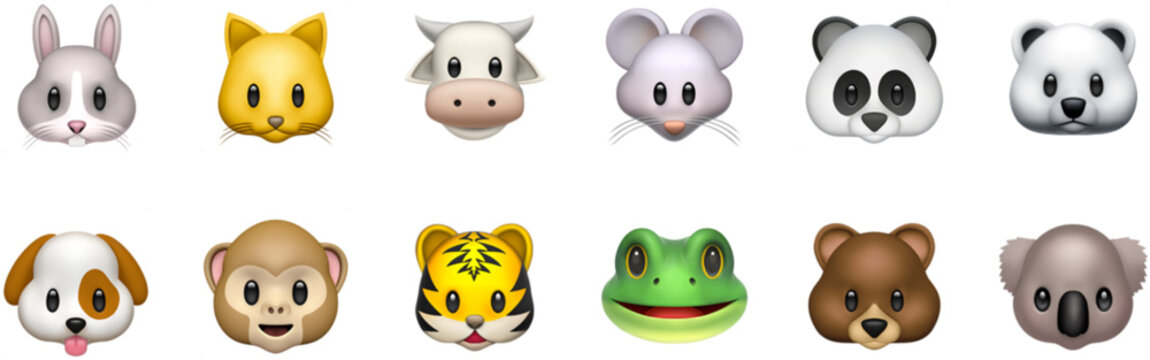 Cute animal face emoji icon set with monkey, fox, cow, koala, panda, tiger, frog, and bear. Colorful flat cartoon clipart collection for kids. Perfect for stickers, prints, and children's designs.